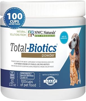 Total-Biotics Dog & Cat Probiotic Powder 2.22 oz, 100 Servings | 14 Probiotic Strains & Prebiotic Chicory Root, Unflavored Powder Mixes with Pet Food, Supports Digestion, Skin and Coat Daily
