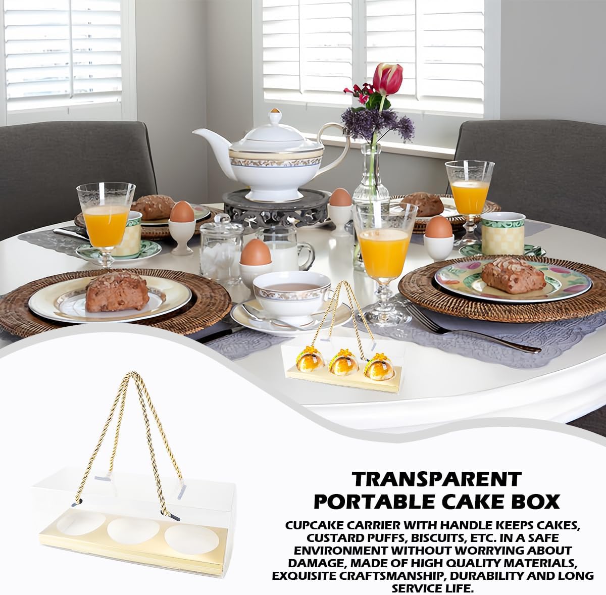 10Pcs Clear Cupcake Boxes Portable Cupcake Container with Rope Handles and Inserts 3 Compartments Treat Dessert Boxes for Wedding Party Favor（Gold）