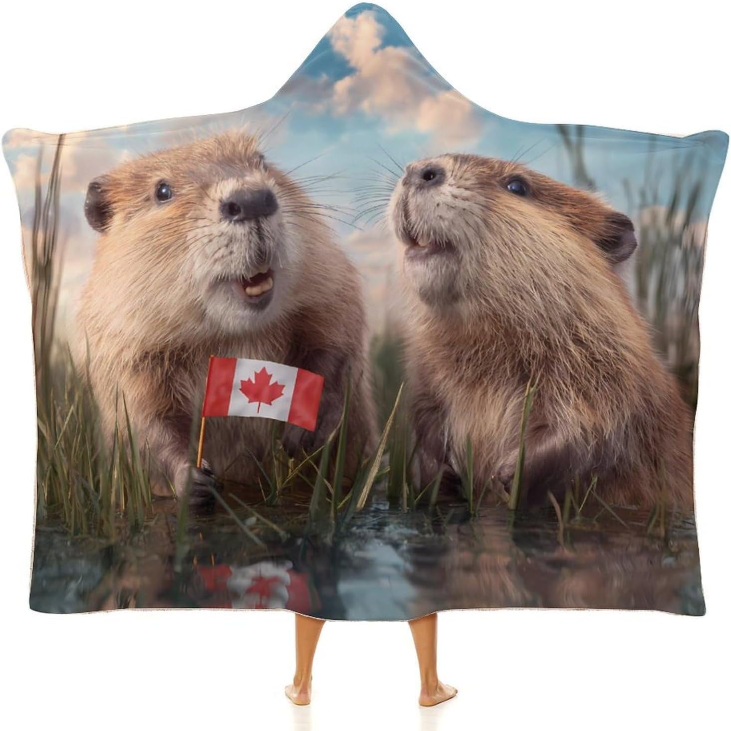 Canadian Beaver Wearable Blanket Oversized Throw Cape | Cozy Hooded Blanket Gifts for Women Men