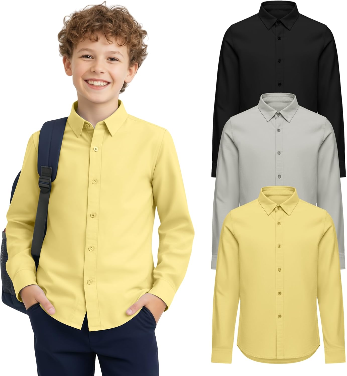 3 Pack Boy's Long Sleeve Dress Shirts Kids Casual Button Down Shirt Boys Solid Button Up School Uniform Tops