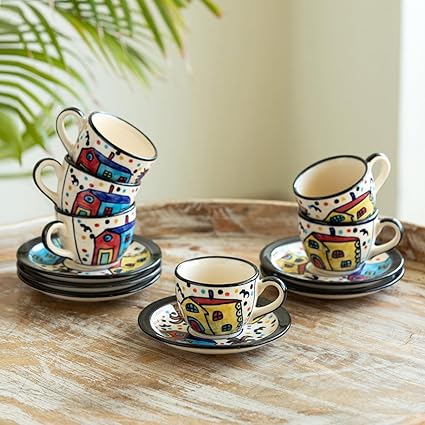 ExclusiveLane 'The Hut' Handpainted Ceramic Cups and Saucers Set of 6 (120 ML, Multicolor, Microwave Safe) | Ceramic Tea Cups Set of 6 Coffee Cups Set Tea Mugs Set of 6 Chai Cups Ceramic Cup Set