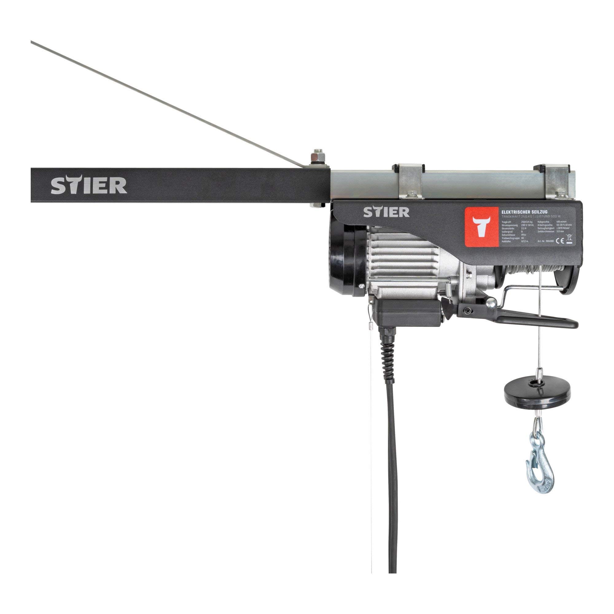 STIER Elektrischer Seilzug, Tragkraft 500 kg, Leistung 1000 W, Hebehöhe bis 12 m, inkl. Befestigungsbügel, einfache Montage, Sicherheit durch Not-Aus-Schalter