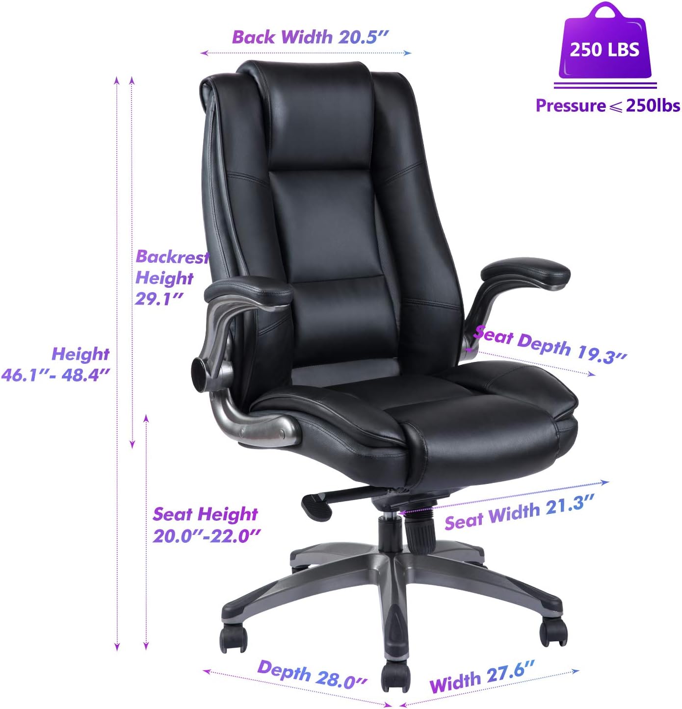 High Back Office Chair - Adjustable Flip-Up Arms Ergonomic Bonded Leather Computer Desk Executive Chair, Double Padded Backrest Seat Cushion & 360 Degree Rotation for Office Workers & Student