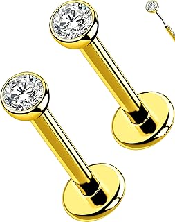 OUFER 2Pcs 20G/18G/16G G23 Titanium Threadless Nose Stud Earrings Flat Back Tiny CZ Small Nose Helix Cartilage Tragus Conch Labret Medusa Monroe Piercing Jewelry for Women Men