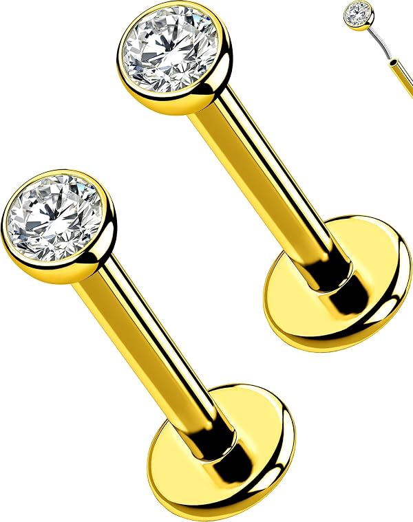 OUFER 16G Gold Titanium Flat Back Labret Stud with 2mm CZ – G23 Implant Grade Threadless Piercing Jewelry for Helix, Tragus, Lip, Nose, Lobe – 8mm Post, Minimalist & Comfortable Design by OUFER - Used condition - US$8.39
