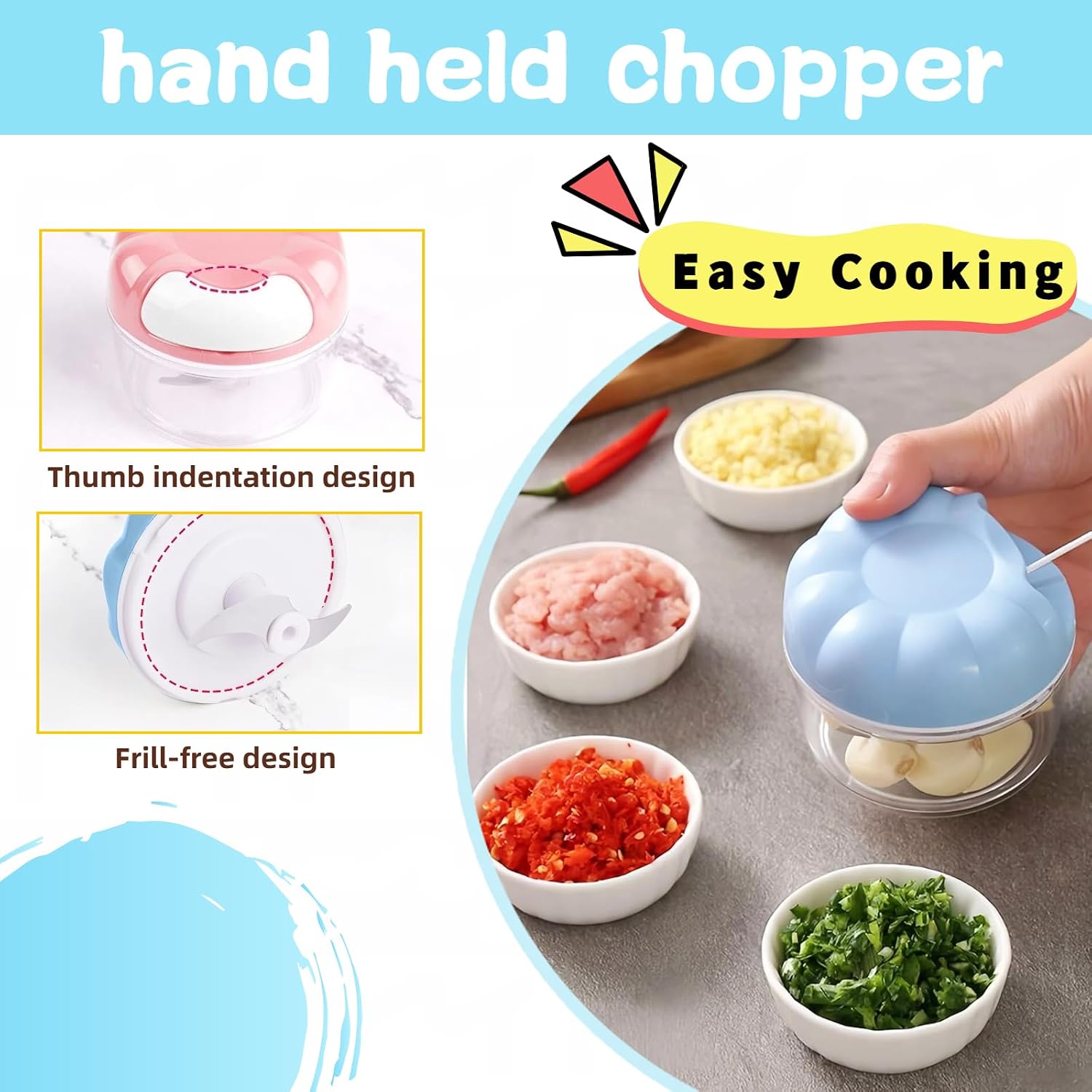 Mini Manual Food Processor Vegetable Chopper,Portable Hand Pull String Onion Chopper for Veggies, Fruits, Garlic, Nuts, Herbs, Ice cube,Cooking Gadgets & Kitchen Essentials,160ml (Pink) image 2