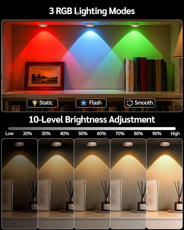 Aokpsrt RGB Puck Lights with Remote Control, 1800mAh Rechargeable Battery, Dimmable & Timer Under Cabinet Lighting for Kitchen, Bedroom, Closet -White 12 Pcs by Aokpsrt - Used condition - Image 3
