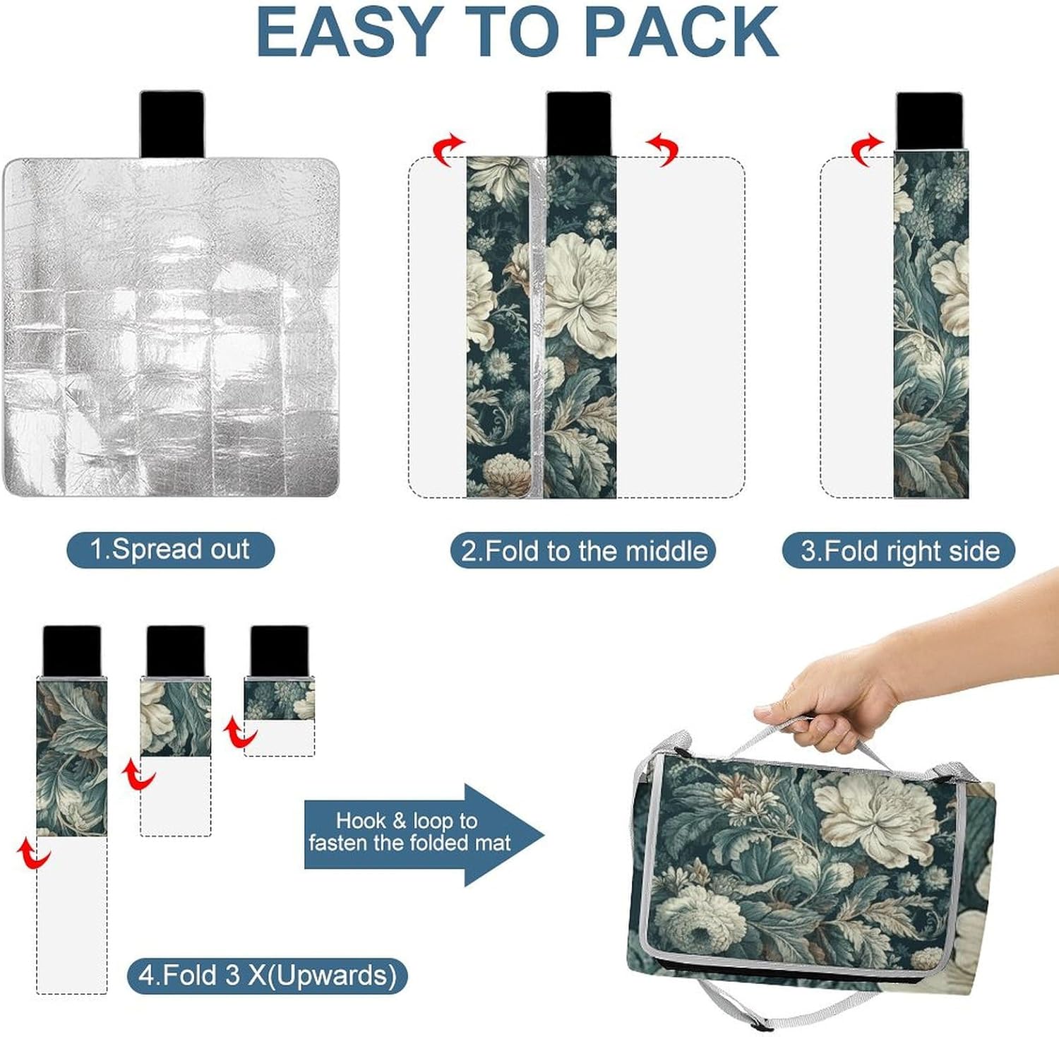 Outdoor Picnic Blanket Extra Large Beach Blanket Waterproof Picnic Mat Flowers Camping Blanket Portable with Carry Strap Park Blanket for Grass Camping Park