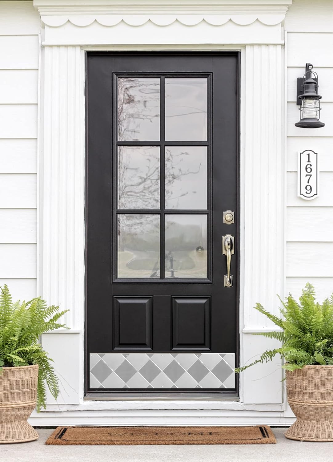 Deck the Door Decor | Door Kick Plate - Stainless Steel - Artisan Embossed Harlequin Pattern - Screw Mount - 8”x34”