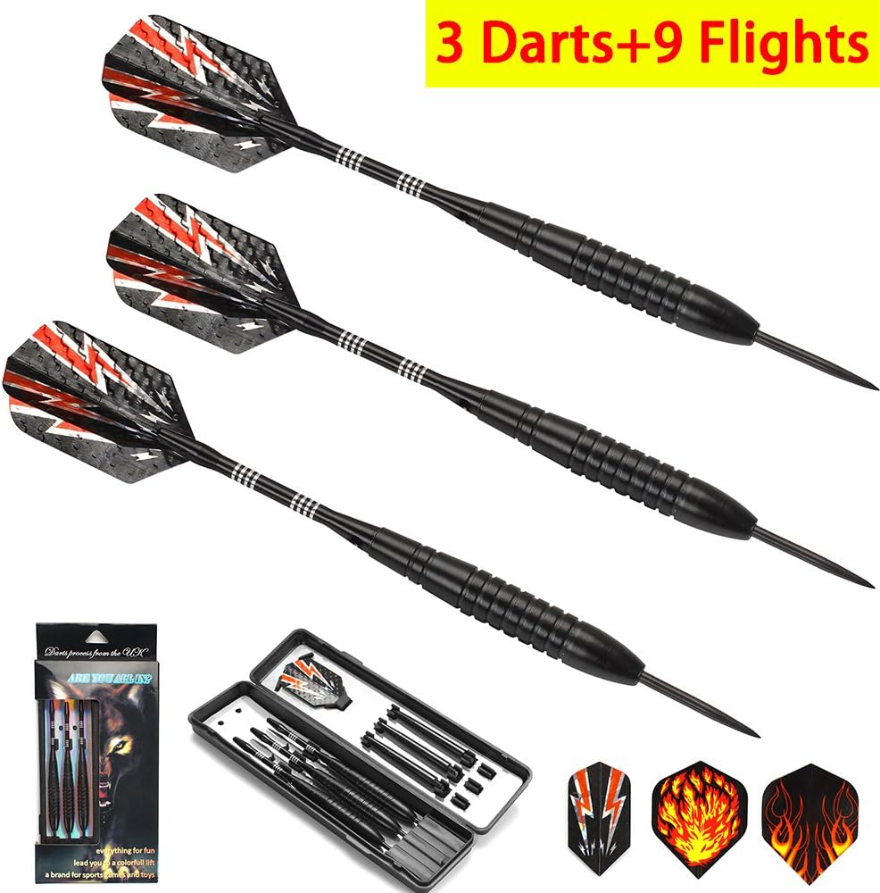CRZKO Darts, 3 Pieces profi darts Steel darts dartboard 21 / 24g darts set Metal Tip Pet Flights, 6 Flights Replacement Available, Professional Darts with Hard Box Case Black Coating