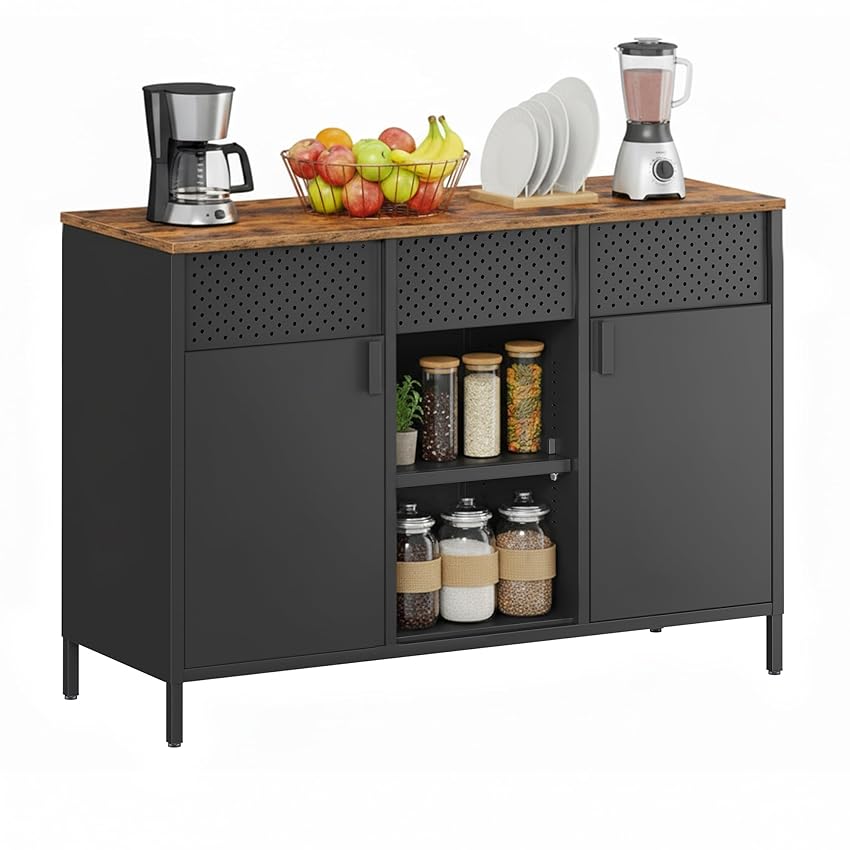 SONGMICS Armadietto, Mobiletto in Metallo, Armadio con Doppia Anta, Chiusura Magnetica, Ripiani Regolabili, Credenza in Acciaio, Marrone Vintage e Nero Opaco LSC204B01