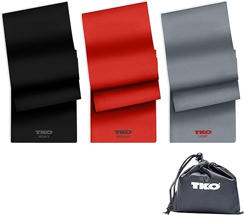 TKO Juego de 3 bandas de resistencia, 3 bandas de ejercicio planas de goma sin látex en niveles de resistencia ligeros, medios y pesados para