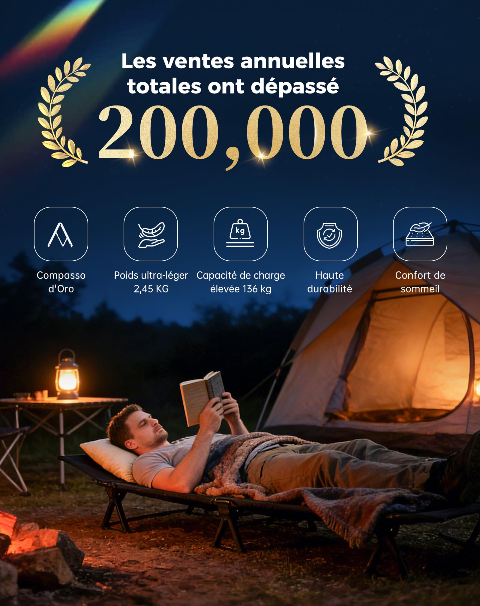 KingCamp Lit Pliant Ultra 2,45 kg Lit de Camping Compact et Pliable se Réduisant à 36x13cm Facile à Transporter Capacité Maximale 136kg pour Camping, Plein Air, Voyage, Plage, Jardin & Maison