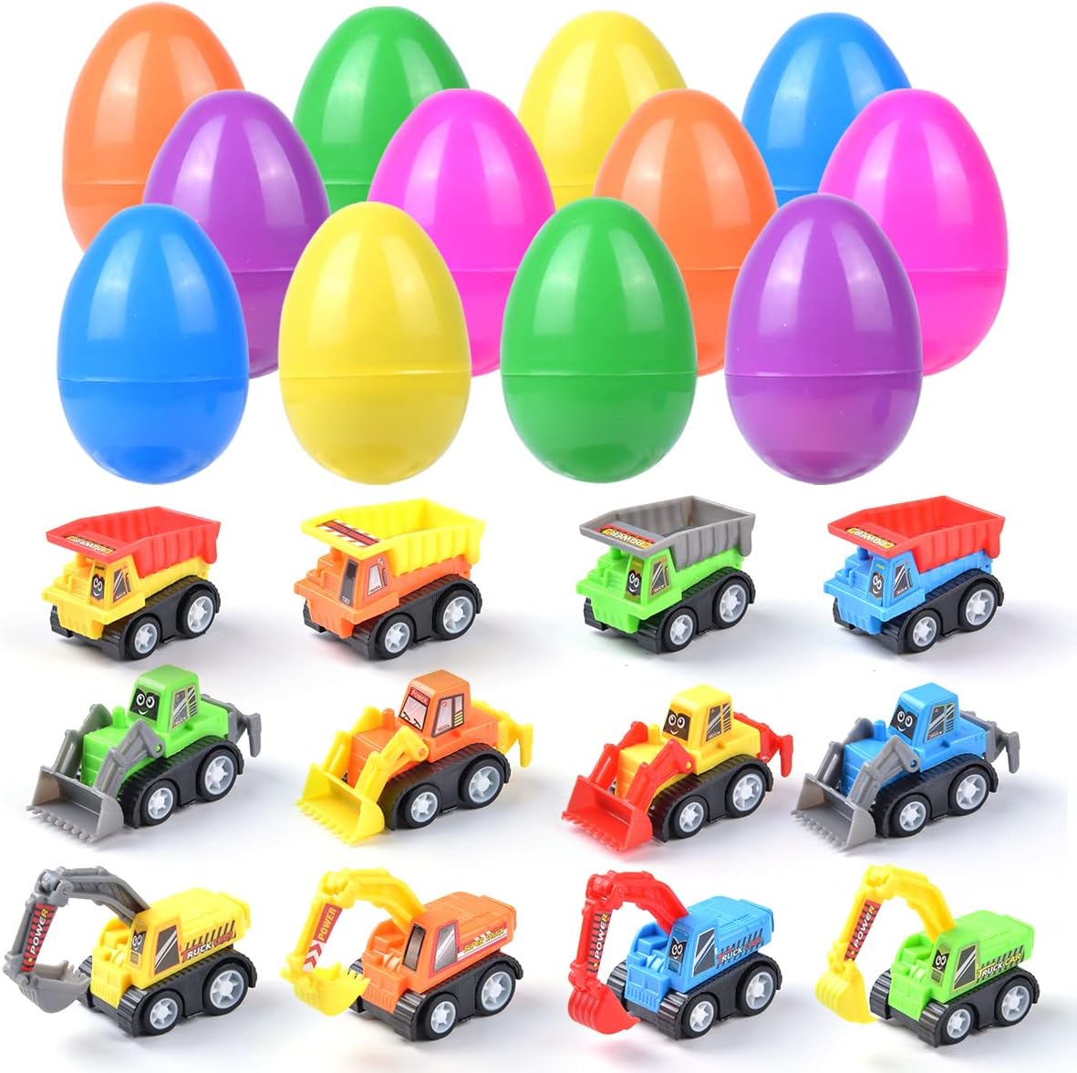 FUNNISM 12 Pack Easter Eggs Prefilled with Pull Back Cars Toy, Plastic Egg Vehicle Toys for Easter Hunt Party Favor, Basket Stuffers Fillers, Goodie Bag Fillers, Classroom Activity for Kids