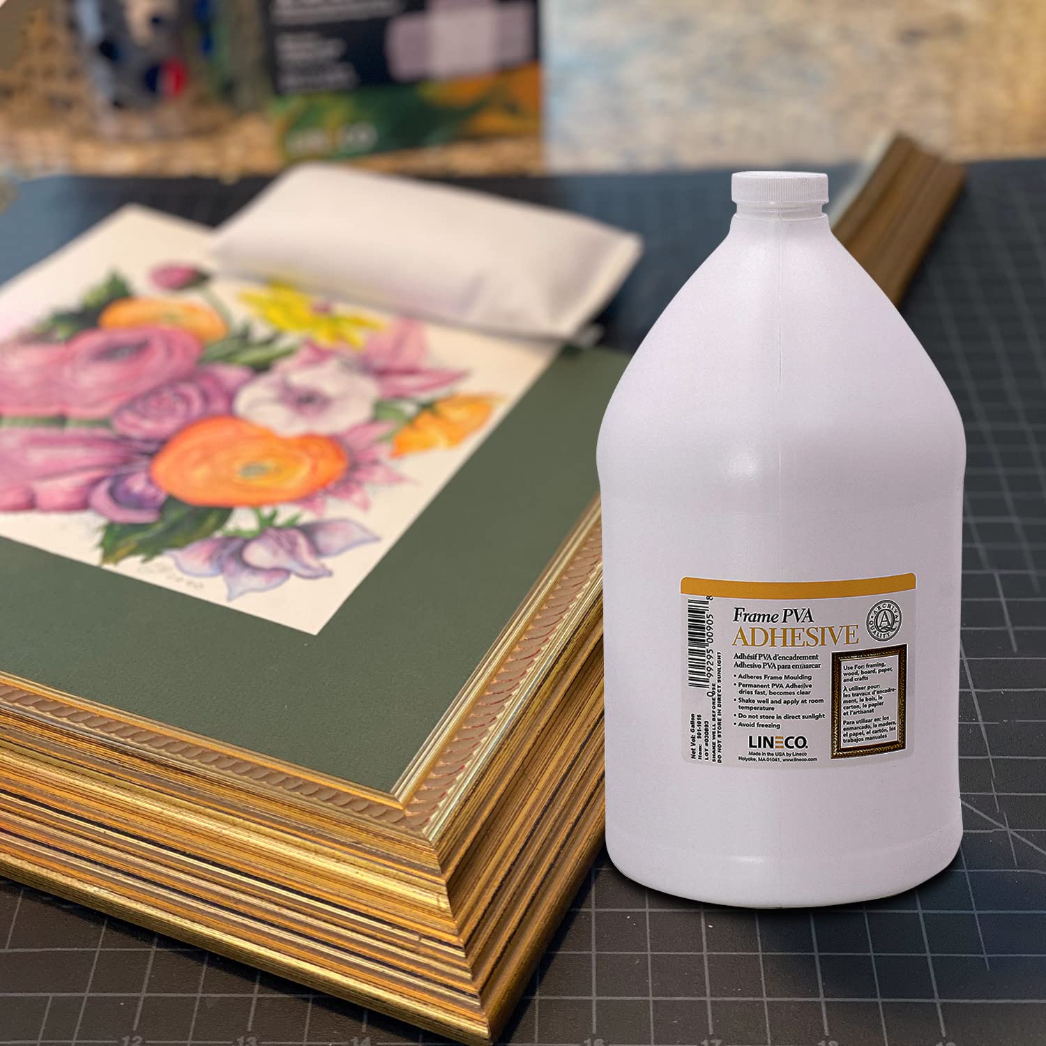 LINECO PVA Adhesive, Picture Frame Glue, Adhere Wood or MDF, Dries Clear Flexible, 1 Gallon, Ideal for Paper Board Framing Collage Crafts Bookbinding