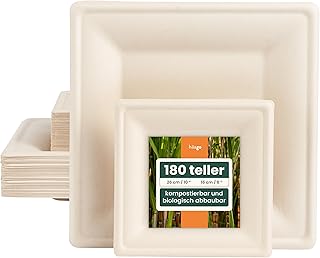 HAAGO 180 Kompostierbare Zuckerrohr Teller, 90 × 26 cm & 90 × 15 cm Eckig – Stabile, Fett- & Auslaufsichere Pappteller – Biologisch Abbaubare Einwegteller, Partyteller für Heiße & Kalte Speisen