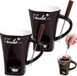 Chocolate Fondue Mug, 2Pcs Chocolate Fondue Cup with Fork Ceramic Mug with Handle, Tealight Cave & Hole for Fork Holding, Sweet Cup, Tealight Not Included