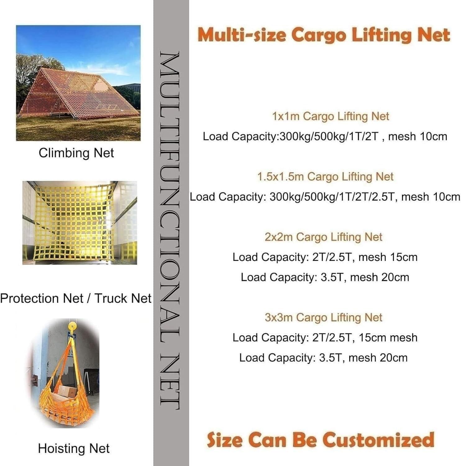 リフティングスリング、フラットカーゴネット、ヘビーデューティースリング、(サイズ: 1 X 1M/メッシュ10cm/荷重1t)