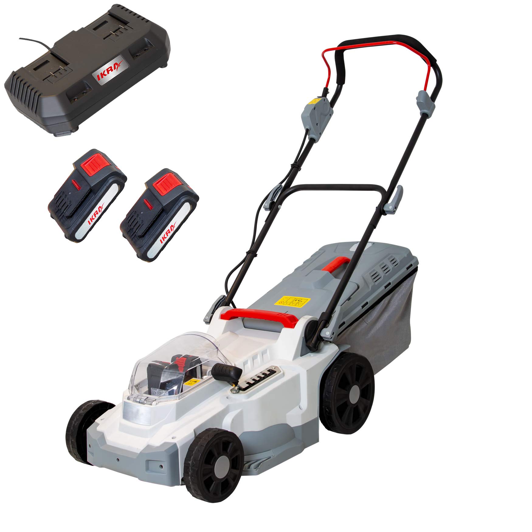 IKRA Rasenmäher ICM 2/2037, Breite 37cm, inkl. 2 Akkus 20V & Ladegerät | Schnitthöhe 25-75mm, Mulchmäher für Rasenflächen bis 250m², Holm höhenverstellbar, Fangsack 40l, 20V-Akku-Familie von IKRA