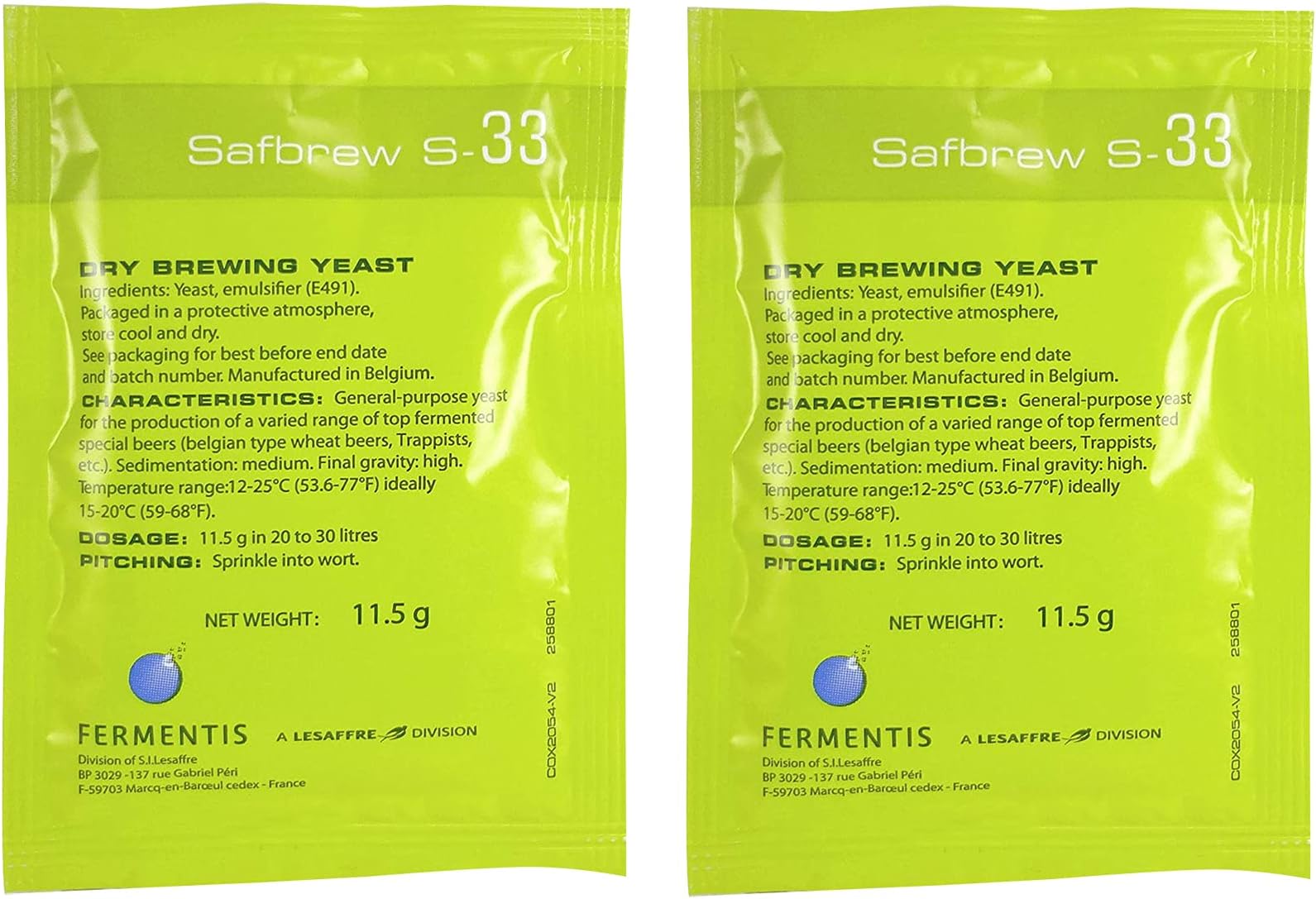 Safbrew S-33 Ale Yeast, 11.5g - 2-Pack