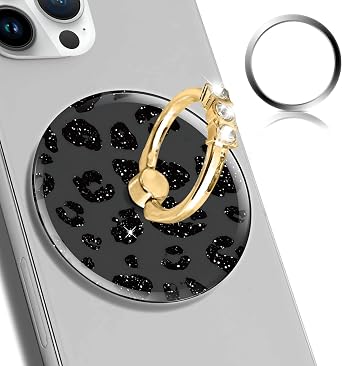 Magnetic Phone Ring Holder Compatible with MagSafe, Cute Phone Grip Stand with 360 Rotation Gold Glitter Finger Ring Kickstand Accessories for Most Phones Glitter Black Leopard