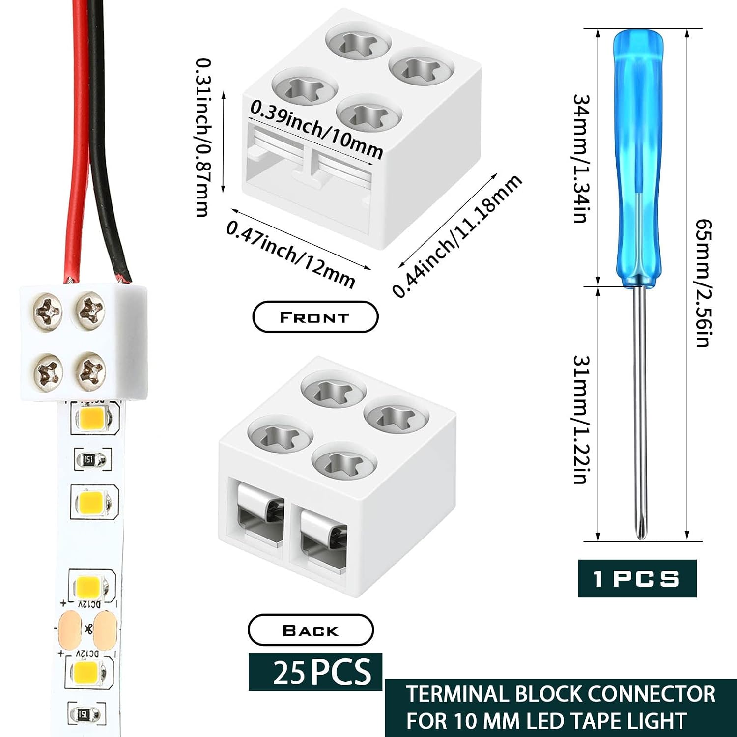 25 Pack Solderless White Led Tape Light Connectors Tighten Screw Terminal Blocks 2 Pin 10mm Connector with Screwdriver Wire to Strip Connector for 5v 12v 24v Monochrome LED Low