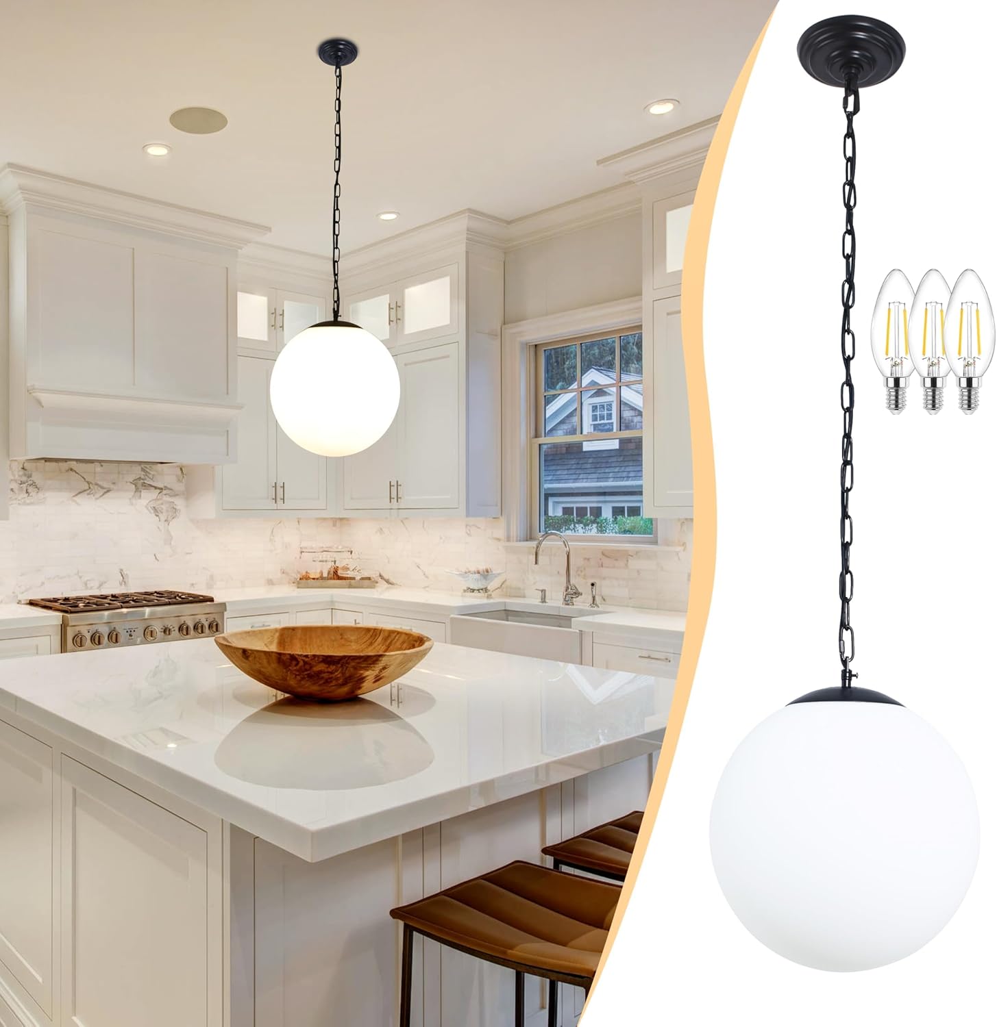 KoKo&Yukina 13.7" Black Globe Pendant Light Mid Century Pendant Light Milk Glass Pendant Lights Kitchen Island Adjustable Hanging Light Fixture for Dining Room Bedroom Kitchen Island