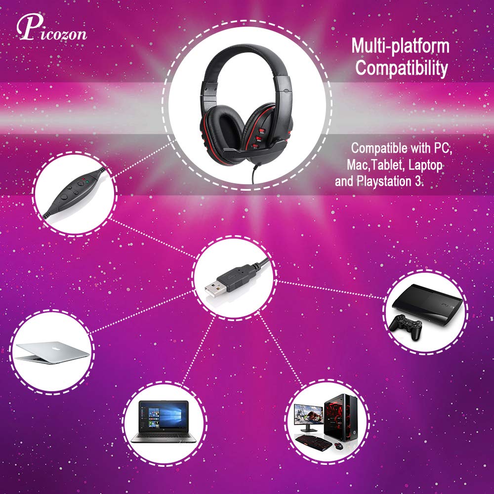 Picozon USB Plug Gaming Headset Headphone with Microphone for PS4, PlayStation Vita, Mac, Laptop, Tablet, Computer, Mobile Phones 3