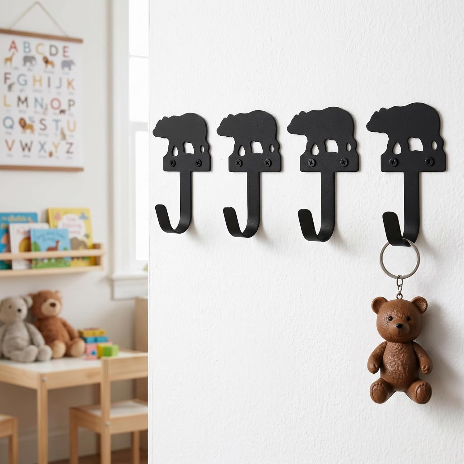 AceOrbit 4 Pcs Black Metal Bear Wall Hooks, Iron Mounted Coat Hanger, Bear