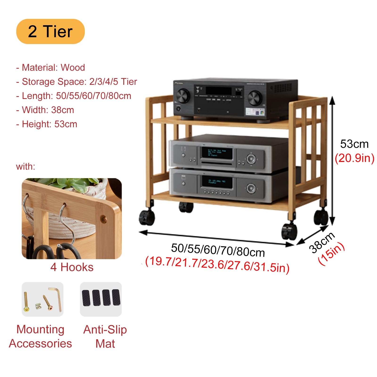 Console regolabile in legno con supporto girevole e ripiano a 2 ripiani per soggiorno/ufficio - Supporto TV e supporto per musicisti da 50-80 cm, perfetto per gli amanti della musica