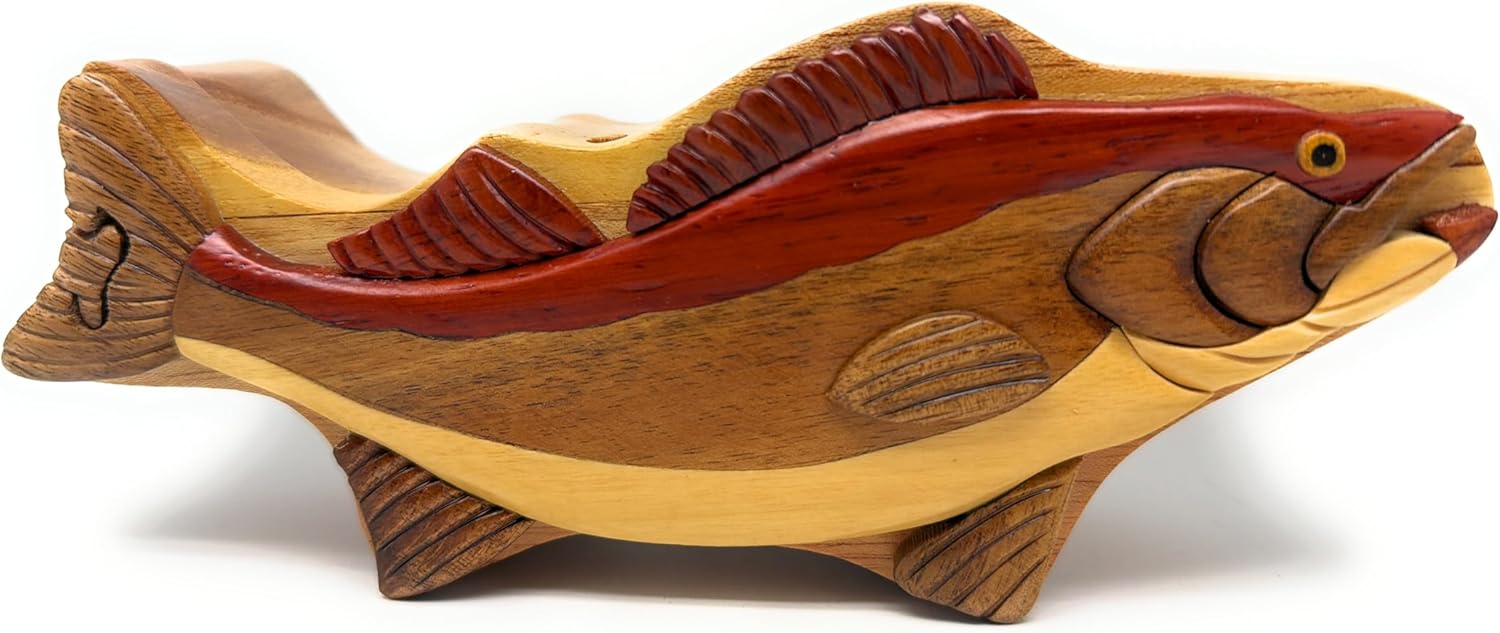 Walleye Fish - All Natural Wood Intarsia Puzzle Box - Handcrafted with Hidden Compartment