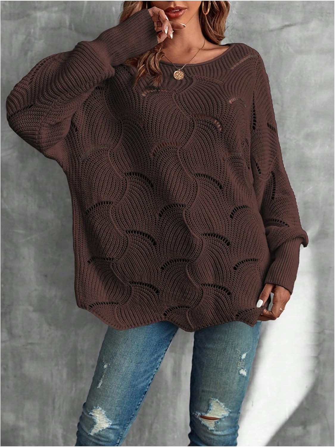 Women's Hollow Out Oversized Sweater Long Sleeve Boat Neck Pointelle Knit Pullover Top Cute Fall Sweater - Image 3