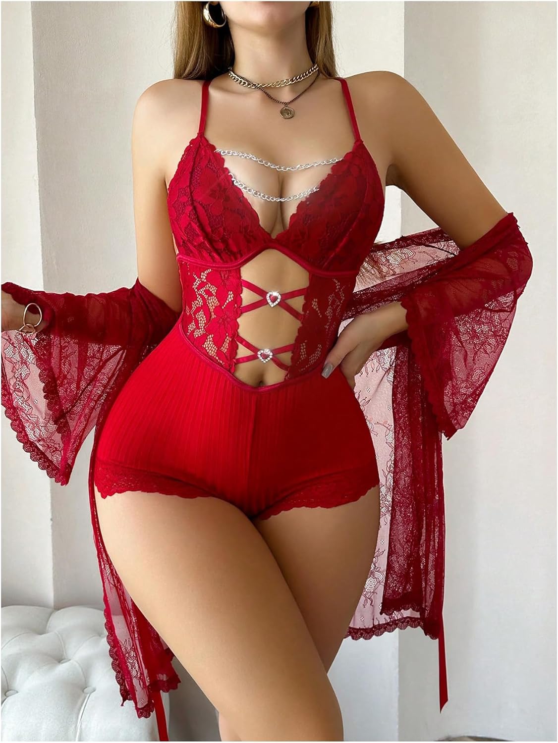 SOLY HUX Women's 2 Piece Pajama Set Lace Sheer Cut Out Criss Cross Lingerie Bodysuit and Belted Robe Set - Image 4