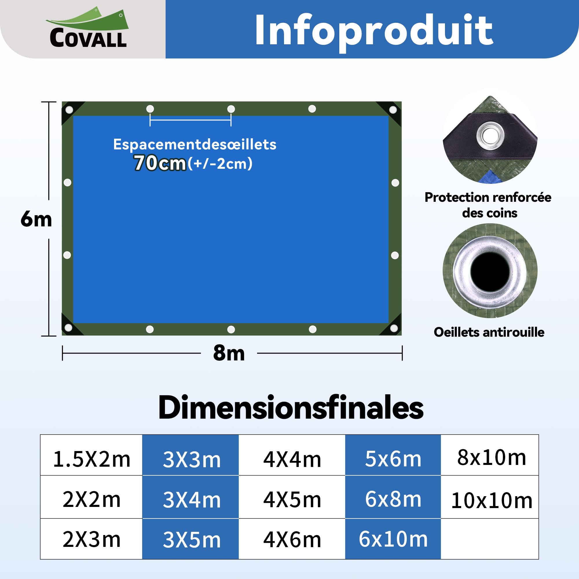 Bâche imperméable extérieure 6mx8m,75g/m²Multifonction pour Camion | Résistant UV et déchirure, œillets métalliques antirouille, vert & bleu, polyvalent pour voiture, jardin, camping