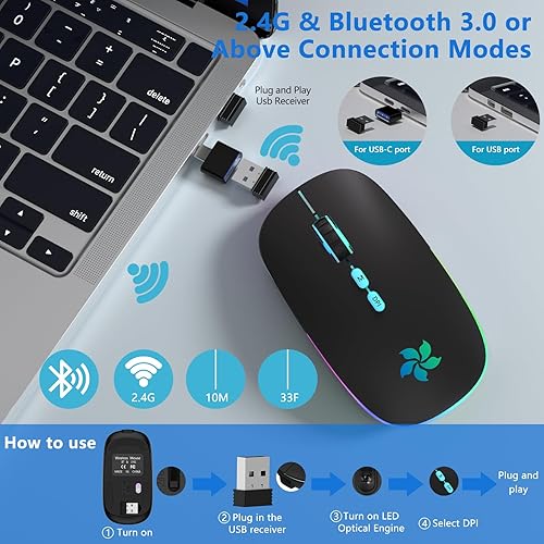 Miniatura 4 de KARFUN Ratón inalámbrico, 2.4 GHz y Bluetooth de dos modos, 7 luces de respiración de color, mouse de computadora para computadora