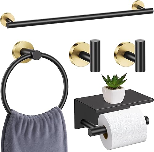 Miniatura 9 de Juego de 5 accesorios de baño negro mate, juego de toallero de 23.6 pulgadas, soporte de papel higiénico de acero inoxidable, toalleros redondos