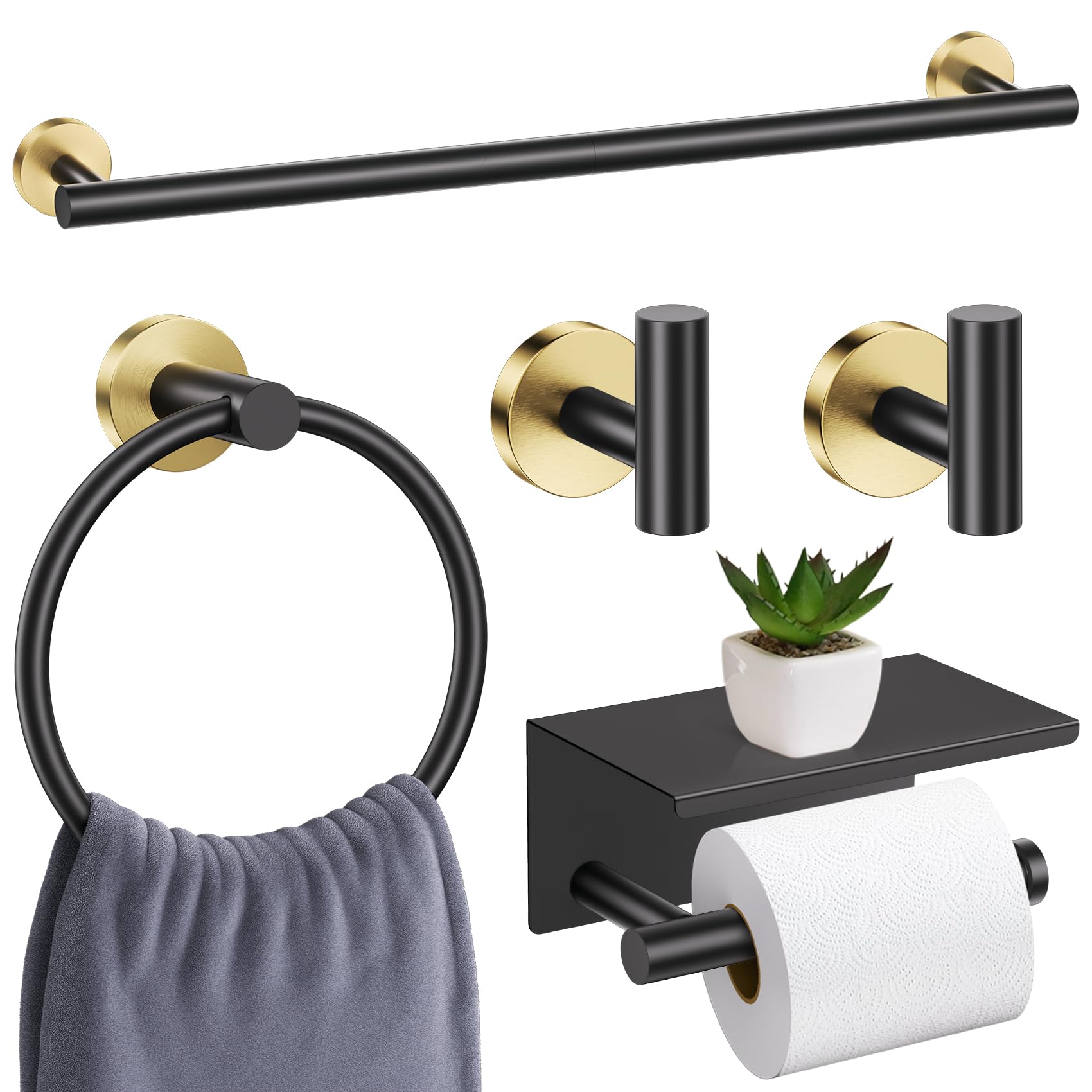 LMYSXAOZ Matte Black and Gold Towel Bar Bathroom Accessories Set, 5 Pieces Upgraded Toilet Paper Holder with Shelf 23.6 Inch Racks for Wall Mounted