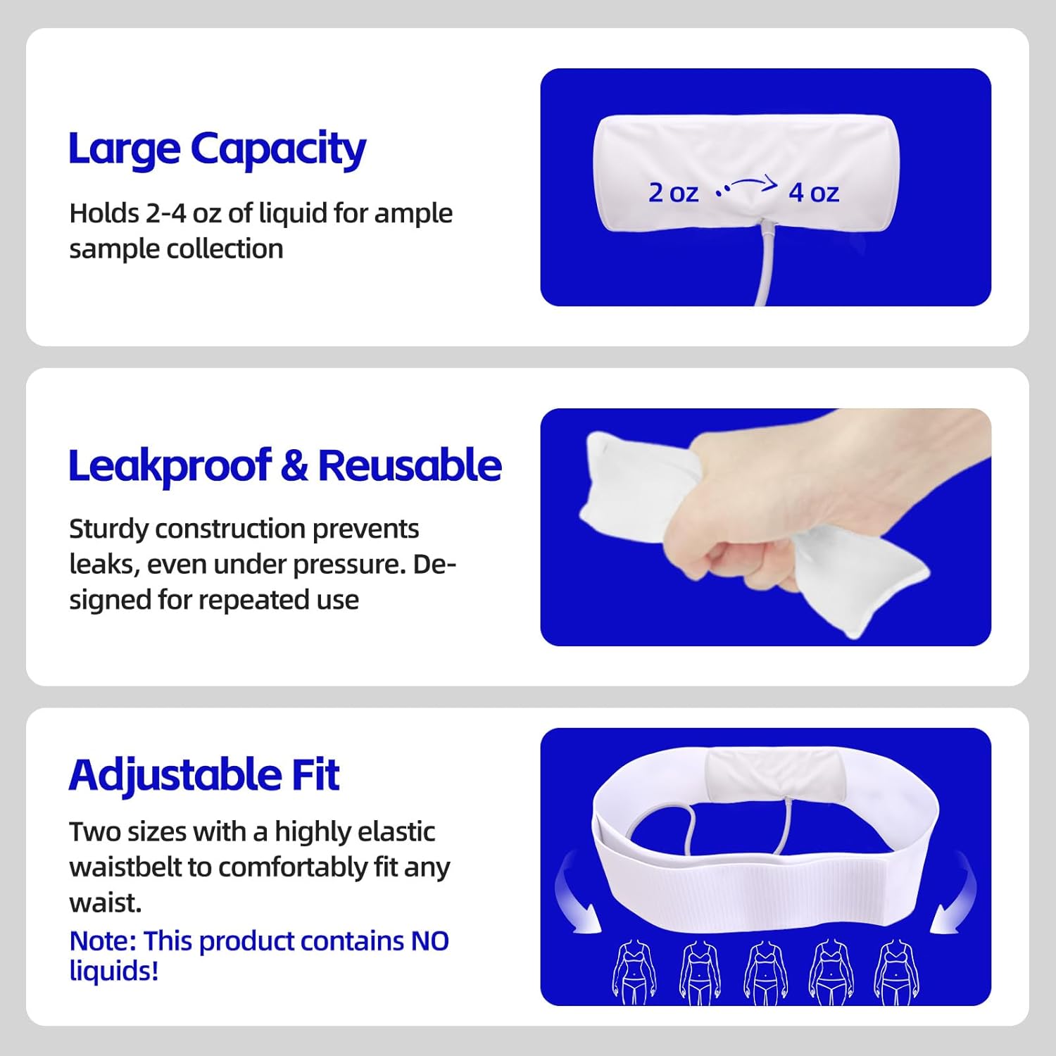 Urine Test Complete Kit with 2 to 4 oz Flexible Pouch, 43.3 Inch Concealed Stretch Belt with 5 Release Outlets, Temperature Strips, Silicone Funnel, Clamps and Plug, Reusable Storage System White