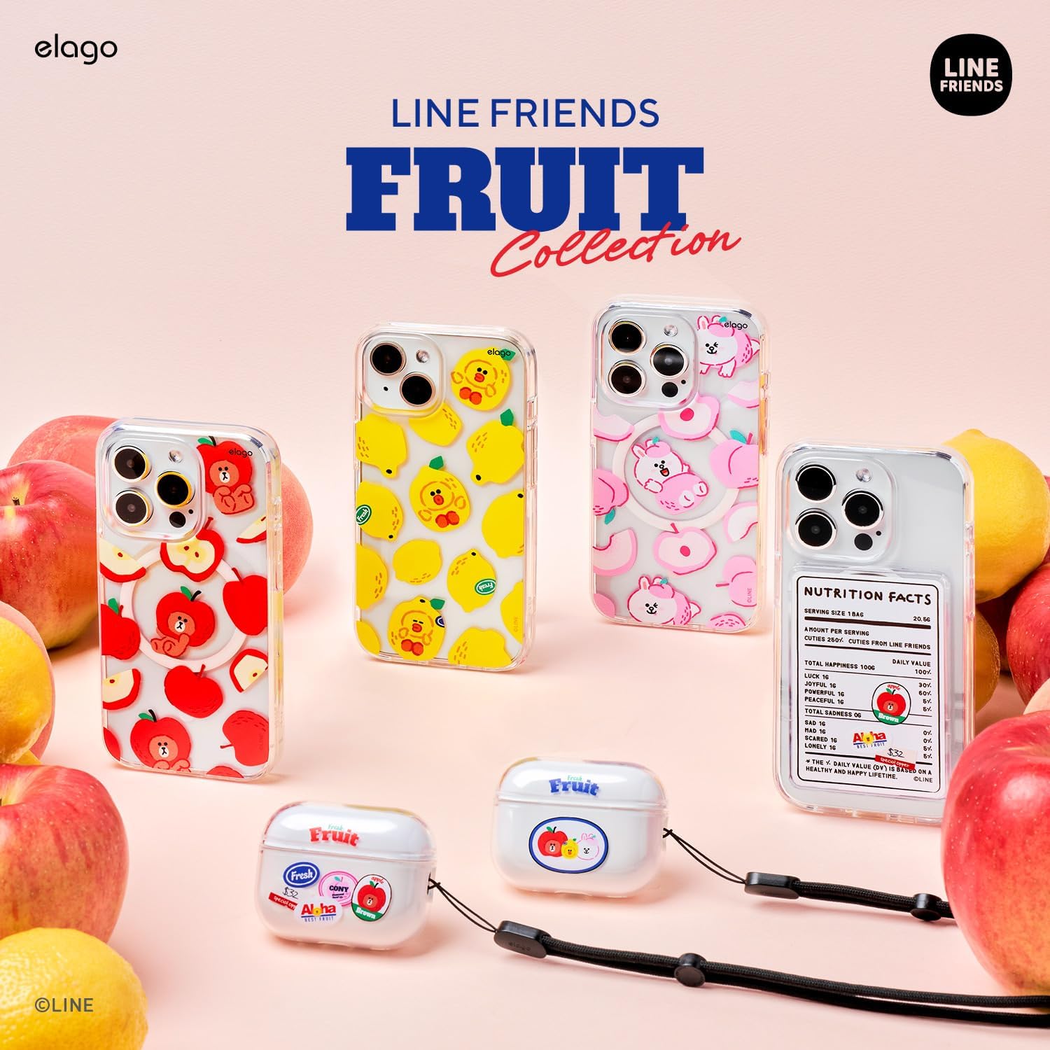 elago l LINE Friends Fruit Shop Magnetic Wallet Card Holder Compatible with MagSafe for iPhone - Secure Phone Wallet, Protection [Official Merchandise] Transparent