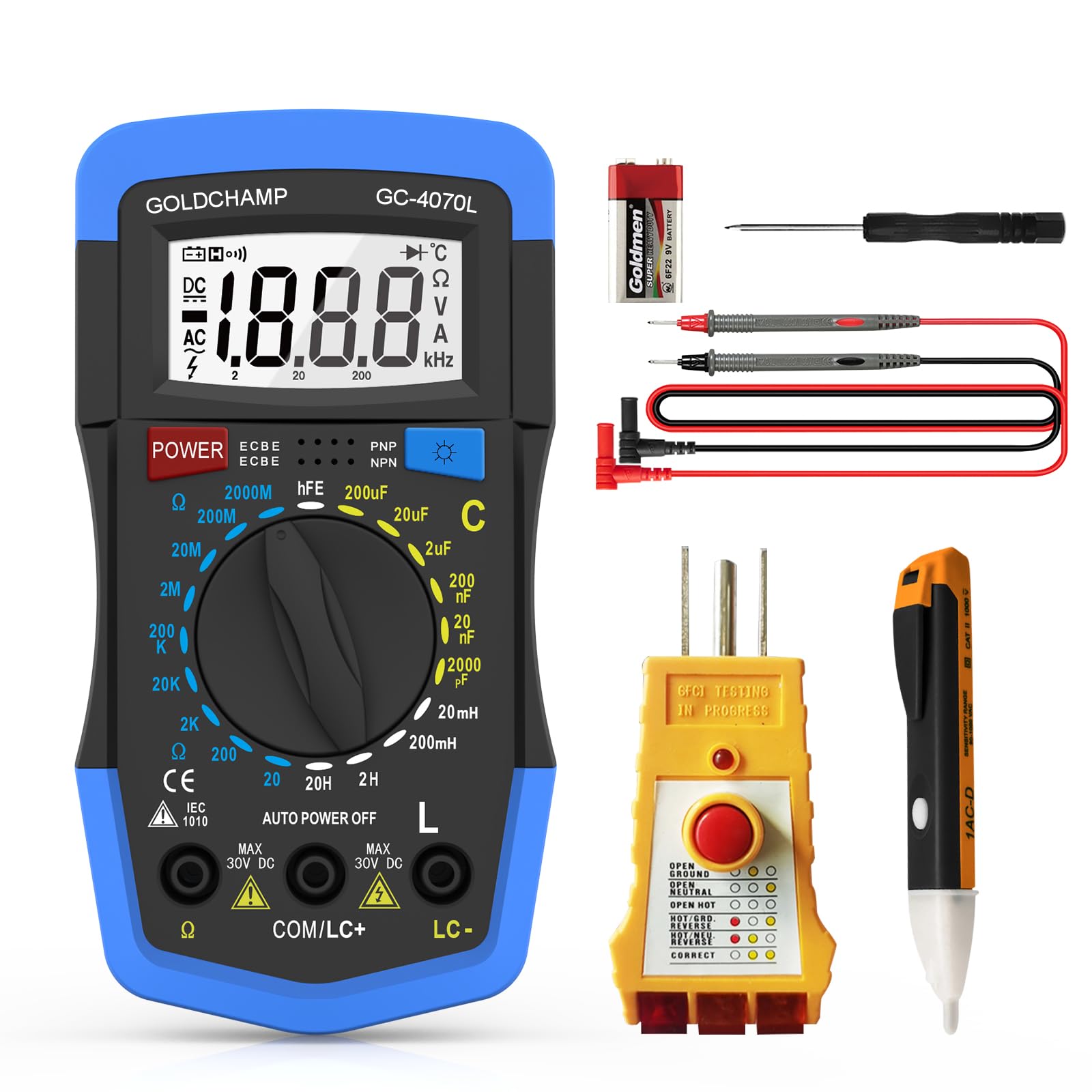 Electrical Test Kit, 2000pF~200?F Capacitor Tester Socket Tester Non-Contact Test Pencil with Multi-Function Circuit Detection, Manual Range, Back Light, Auto Power Off, Testing Meter Tool