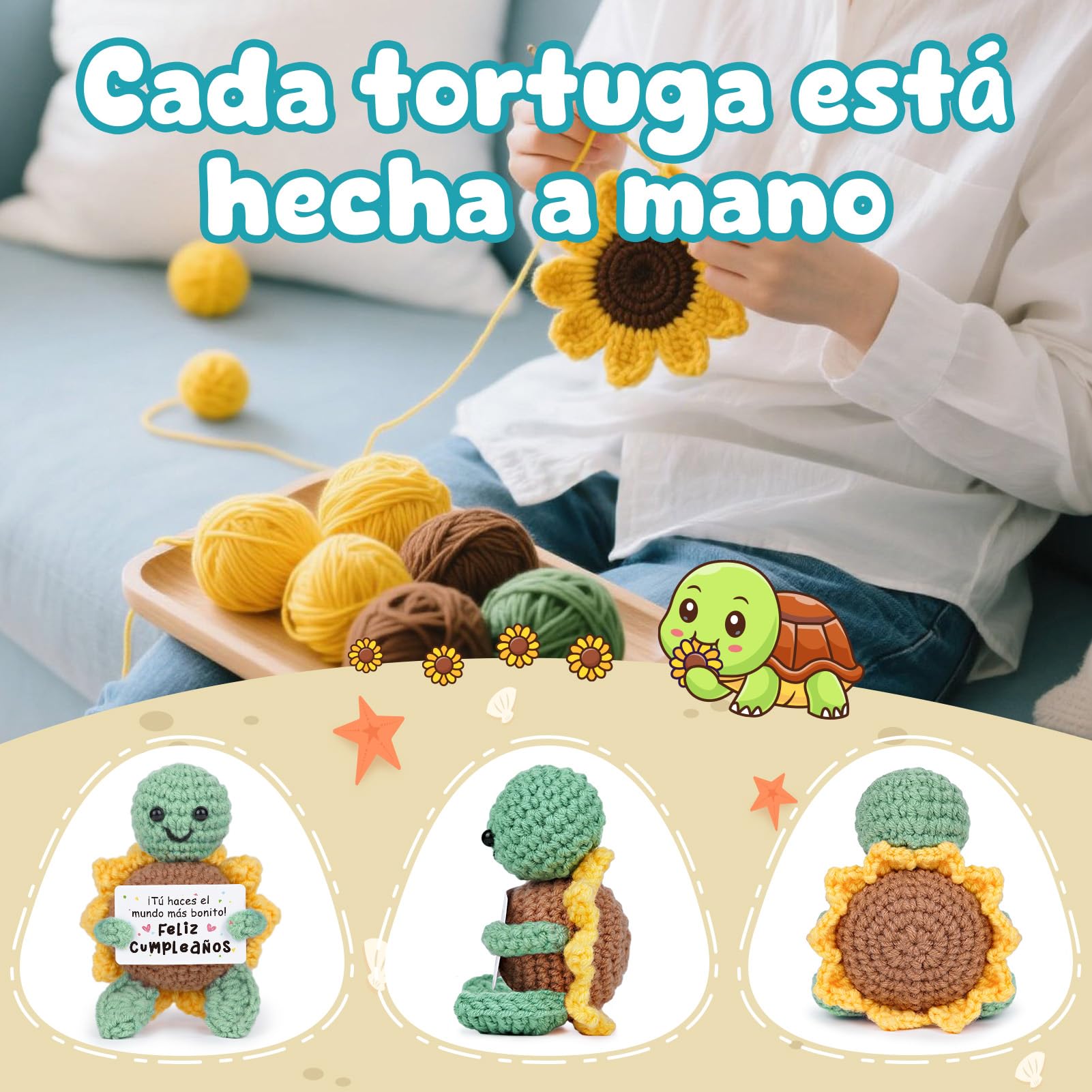 CheriGift Tortuga Girasol Positiva Regalo Cumpleaños Mujer Hecha a Mano 7x5x10 cm