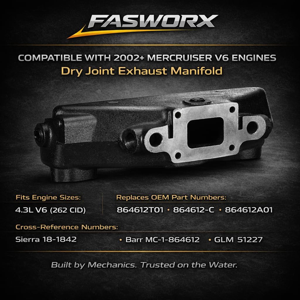 FASWORX Exhaust Manifold & Riser Kit Fits Mercruiser 4.3L V6 (2002-Early 2005), 7 Degree 6.5" Short Elbow, Includes Gaskets, Bolts & Plugs – Dry Joint – Replaces 864612T01, 864309T01, 18-1842