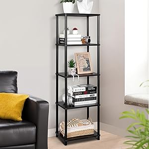 YGYQZ Bookshelf, 5-Tier High Vertical Book Shelf with Large Capacity, DIY Stackable Wooden and Metal Bookshelf Organizer, Suitable for Living Rooms, Offices, Bedrooms, and Studies