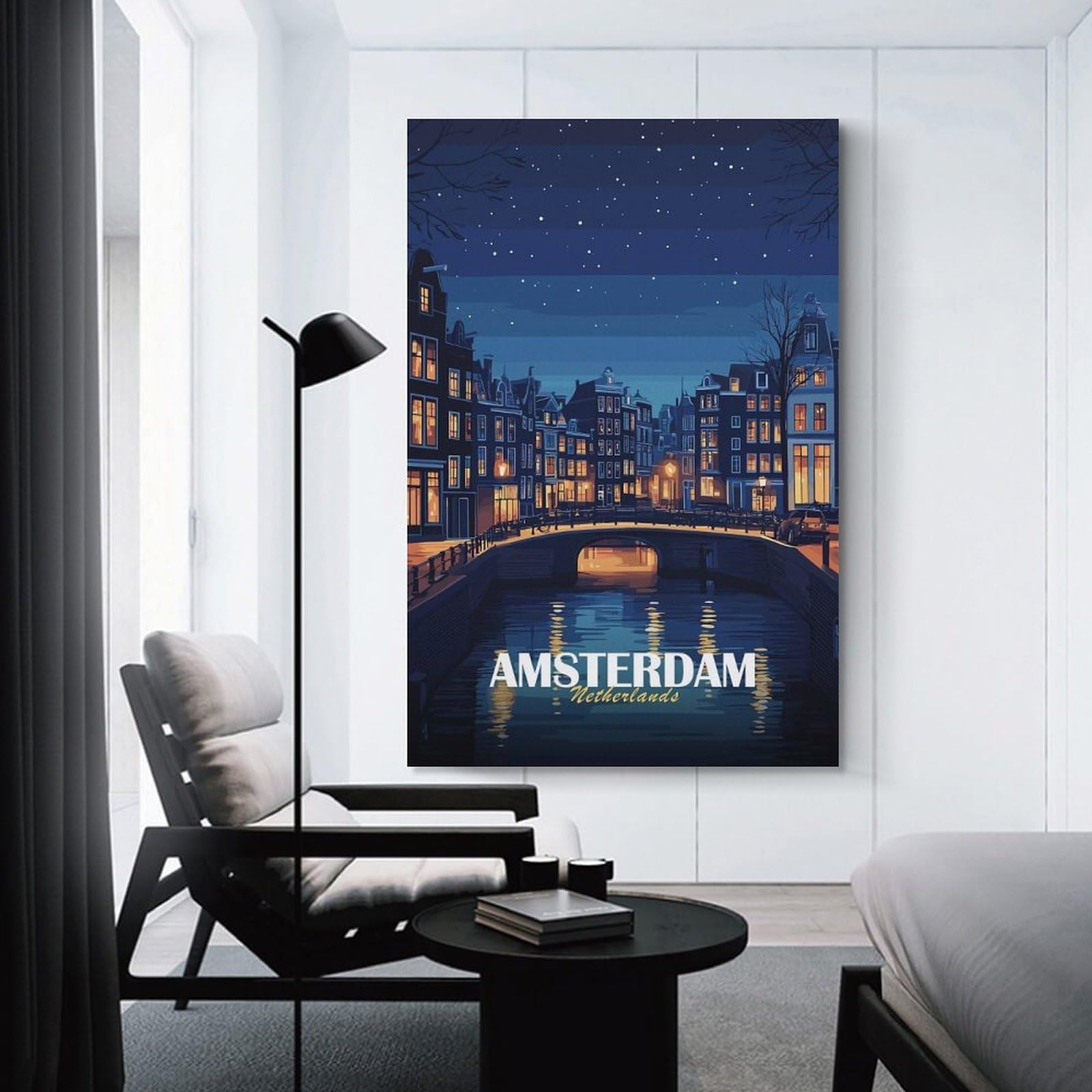 Junmoney Amsterdam Netherlands Night Cityscape Hanging Wall Art 08x12inch(20x30cm), for Small Homes, Bedrooms Or Open Spaces, Decorative Canvas Decor for Home Updates