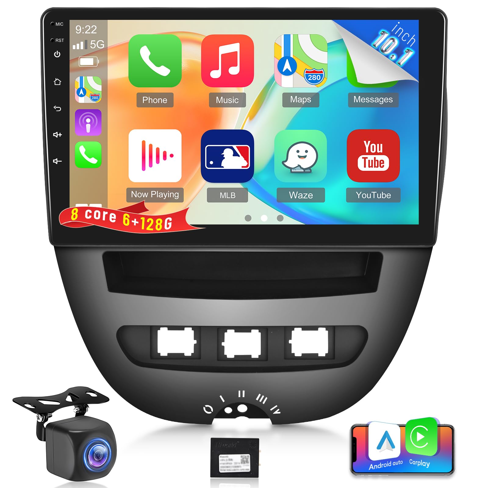 NHOPEEW 8 core 6+128G Autoradio per Peugeot 107 / Citroen C1 / Toyota Aygo 2004-2014 - Autoradio Android da 10,1 pollici con Carplay e Android Auto, WiFi, GPS, DSP FM RDS + telecamera di retromarcia