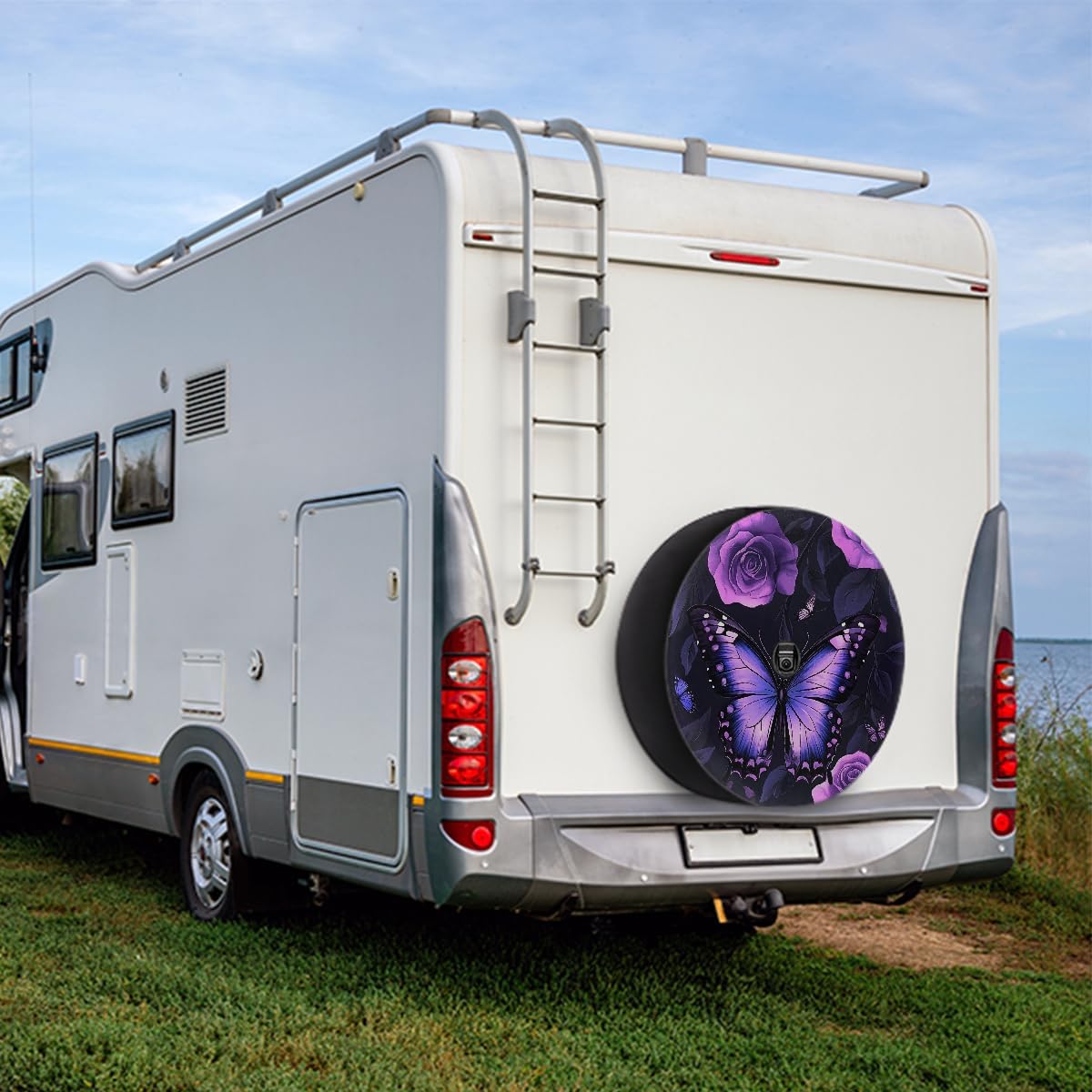 Spare Tire Cover with Backup Camera Hole Purple Rose Butterfly Waterproof Tire Cover Fit for Rv SUV Truck Travel Trailer 17inch