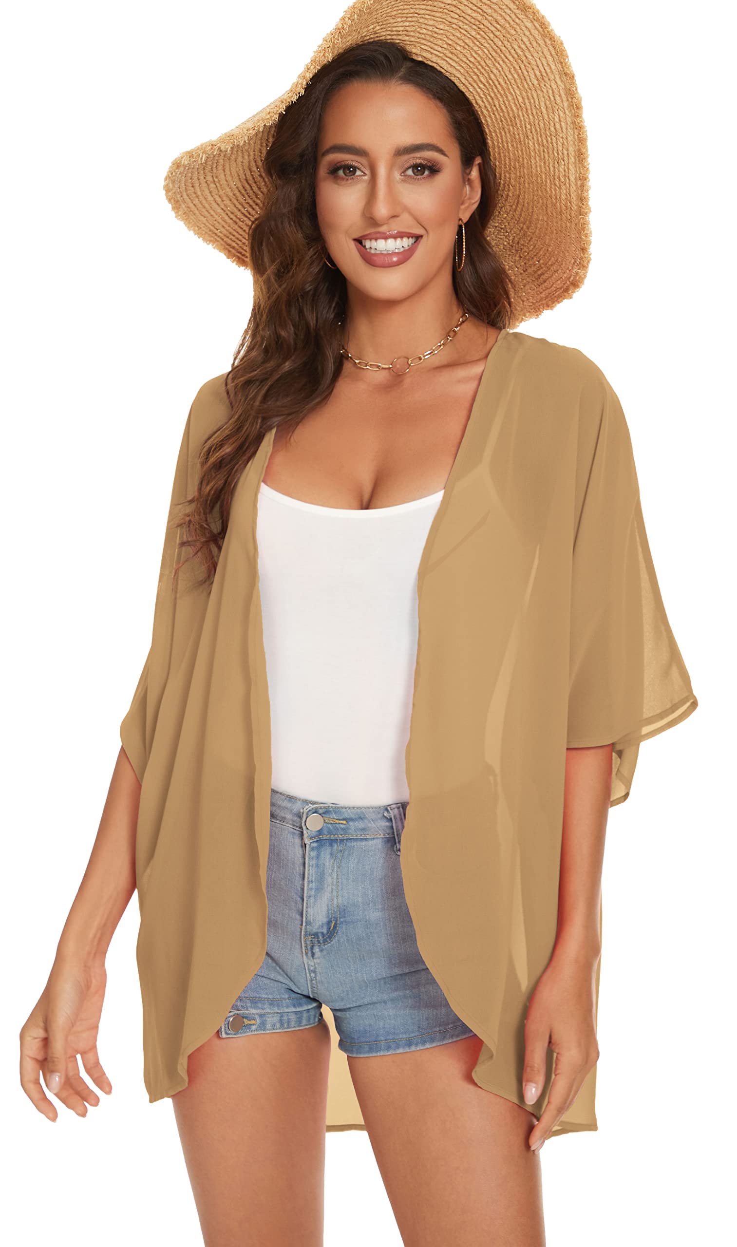 Damskie kimono, plażowe, szyfon, kardigan, kwiaty, topy, luźne peleryny, 1-khaki, XXL