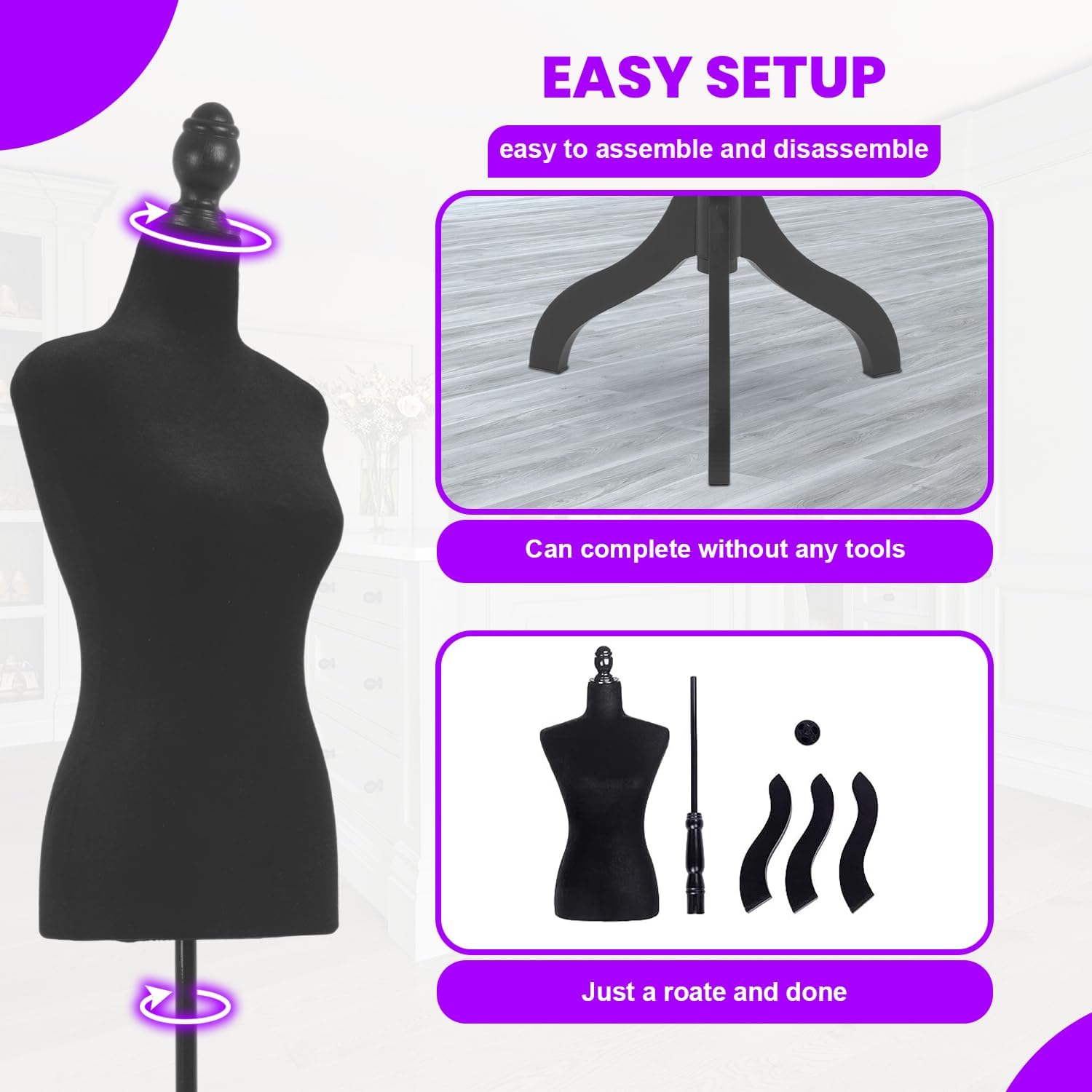 Mannequin Torso Manikin Dress Form Height Adjustable Female Mannequin Dress Model Display Torso Body Tripod Stand Clothing Forms (Black, 50-63 Inches)