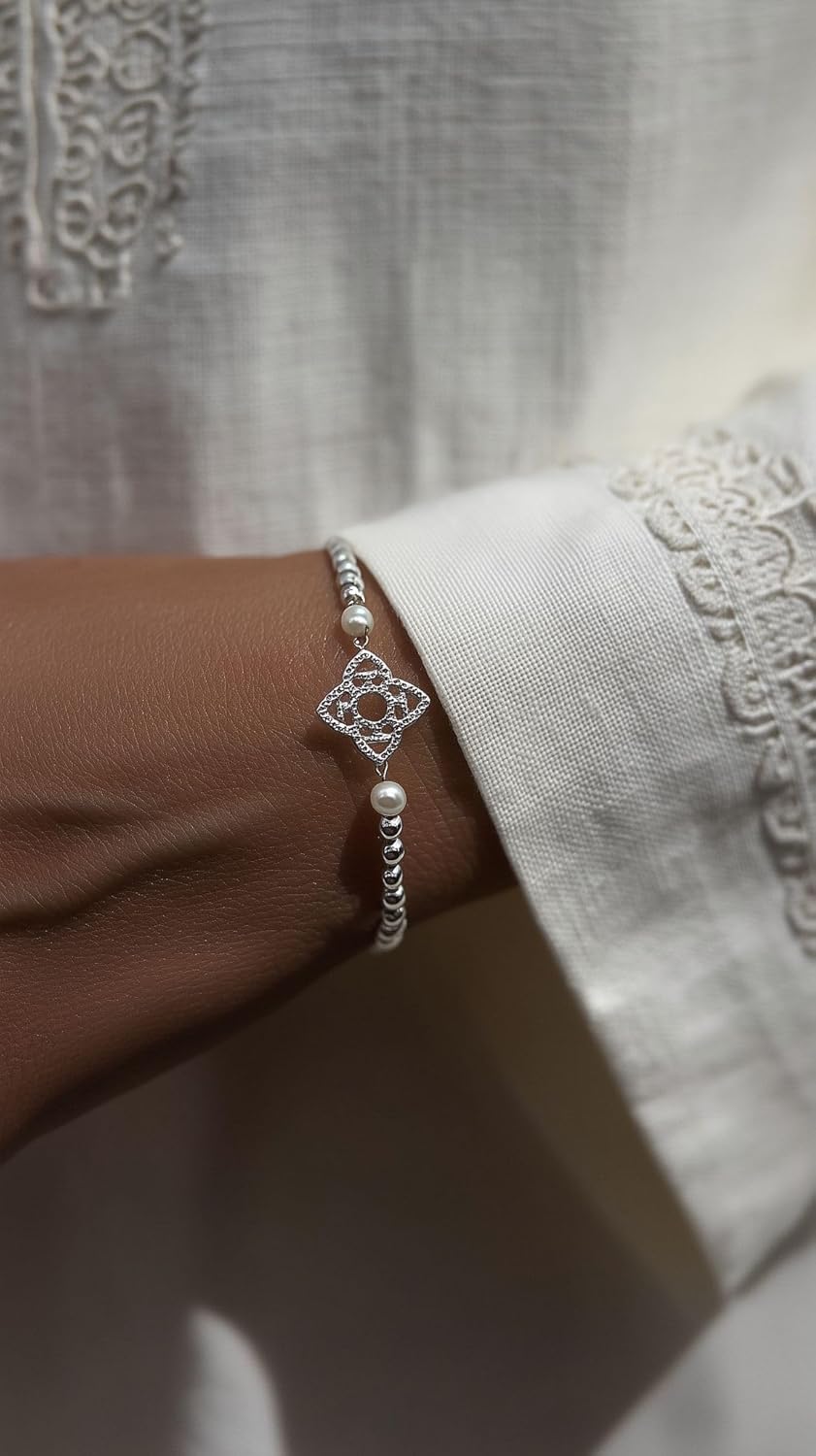 925 Sterling Silver Oyu Bracelet with Zirconium – Traditional Kazakh Ornament Jewelry, Ethnic Tribal Cuff, Handmade Boho Silver Bangle for Women, Cultural Kazakh Folk Design Accessory