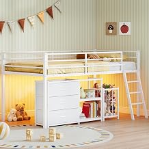 JOYMOR Low Loft Bed with 3 Drawers, 2-Tier Storage Shelf and Toy Storage Basket, Metal Bed Frame Twin Size with LED Lights, Inclined Ladder, Design for Young Kids, Mattress Not Included White